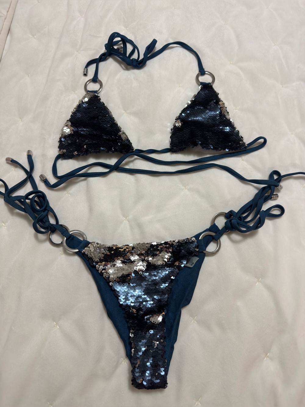 Beach Bunny Navy and Silver Sequin Triangle Bikini